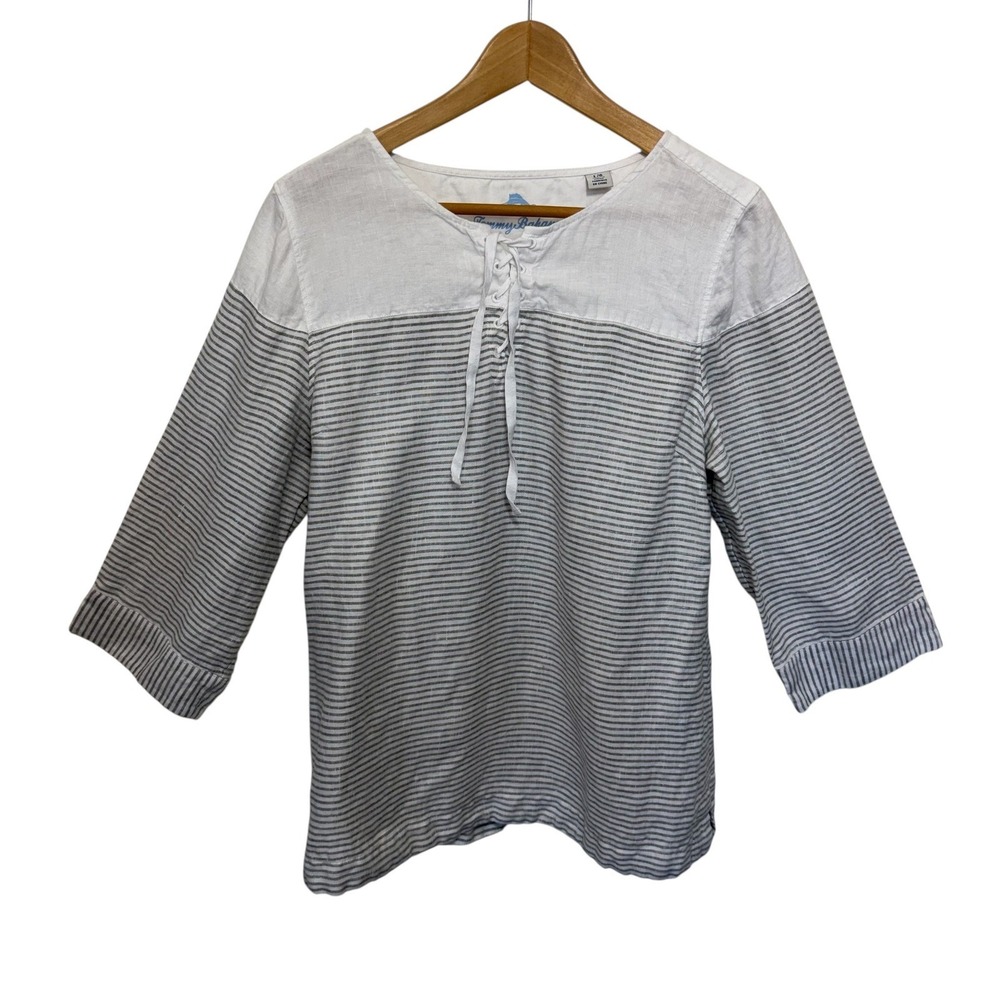Tommy Bahama Womens Grey White Striped Linen Pop Over Top, Large